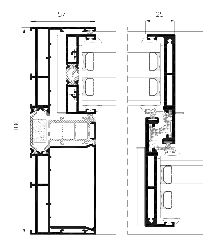 Przekrój techniczny Cor Vision Plus z wymiarami: rama o głębokości 180 mm, bok 57 mm i styk skrzydeł o szerokości 25 mm, pakiet z trzech szyb