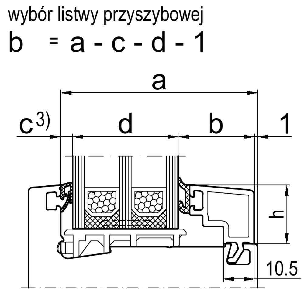 Rysunek techniczny wrębu szybowego z wymiarami: a to wrąb, d grubość szyby, b listwa z uszczelką, c uszczelka zewnętrzna, 1 mm luzu