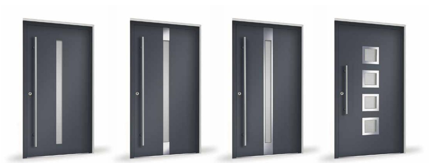 Cztery antracytowe drzwi aluminiowe z gładkim panelem, długimi pochwytami i różnymi przeszkleniami oraz aplikacjami ze stali nierdzewnej