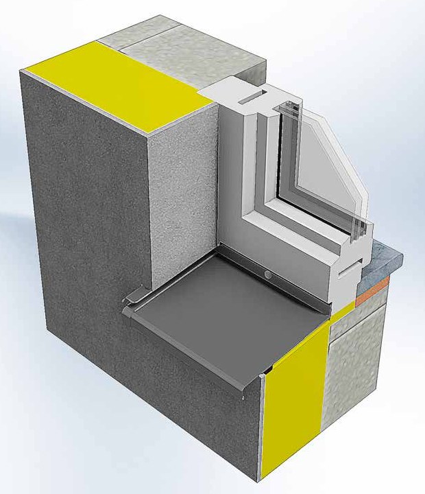 Wizualizacja naroża okna w ocieplonej ścianie: aluminiowy parapet zewnętrzny przykręcony pod ramą, z boczną zaślepką schowaną w ościeżu i krawędzią wysuniętą przed elewację, od środka parapet wewnętrzny