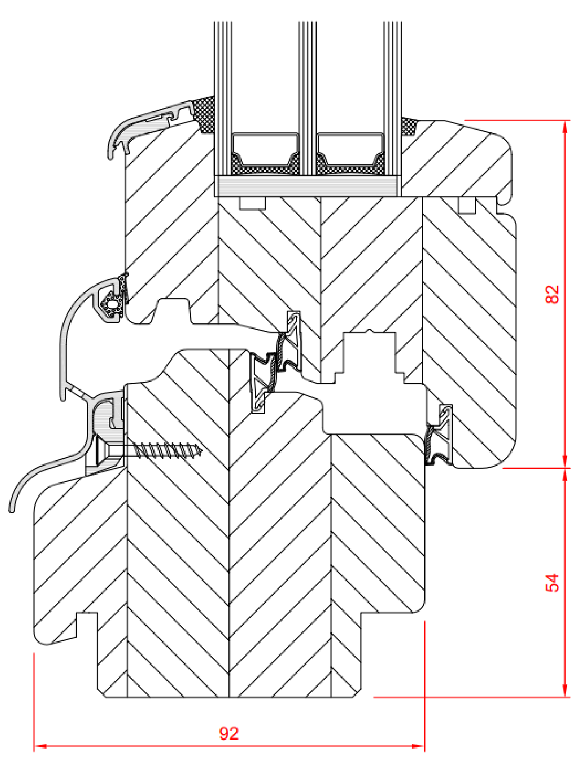Profil Bertrand Strongline, przekrój ramy i skrzydła z wymiarami (Strongline Master, standard) (katalog przeglądowy systemów drewnianych producenta Bertrand, Okna drewniane Strongline Master, s. 5, sierpień 2021)